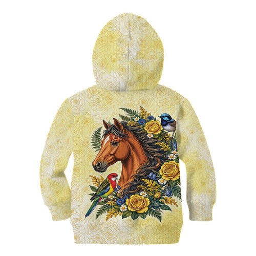 Melbourne Horse Yellow Rose Wreath Kid Hoodie Aussie Blue Wren and Rosella Parrot