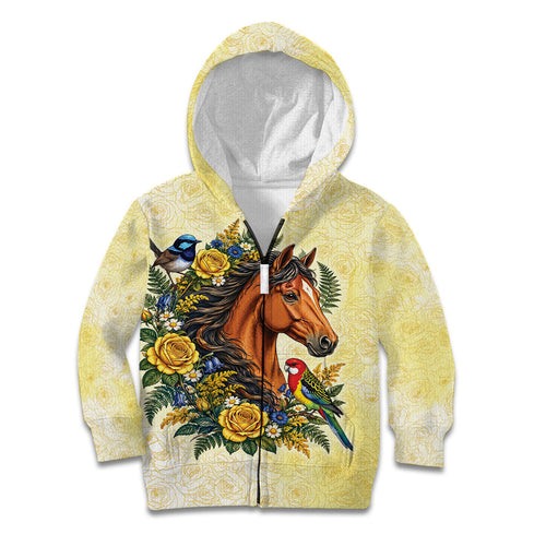 Melbourne Horse Yellow Rose Wreath Kid Hoodie Aussie Blue Wren and Rosella Parrot
