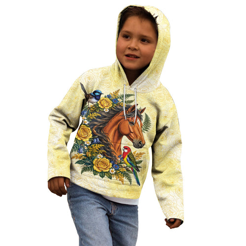 Melbourne Horse Yellow Rose Wreath Kid Hoodie Aussie Blue Wren and Rosella Parrot