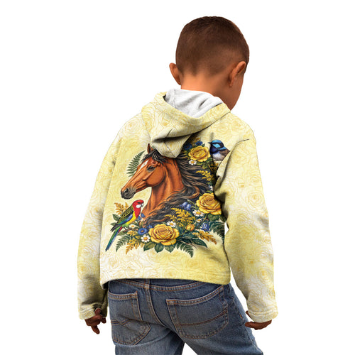 Melbourne Horse Yellow Rose Wreath Kid Hoodie Aussie Blue Wren and Rosella Parrot