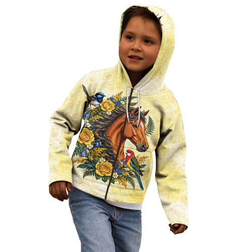 Melbourne Horse Yellow Rose Wreath Kid Hoodie Aussie Blue Wren and Rosella Parrot