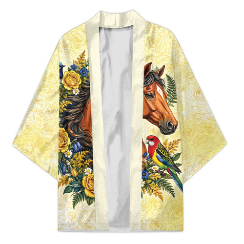 Melbourne Horse Yellow Rose Wreath Kimono Aussie Blue Wren and Rosella Parrot