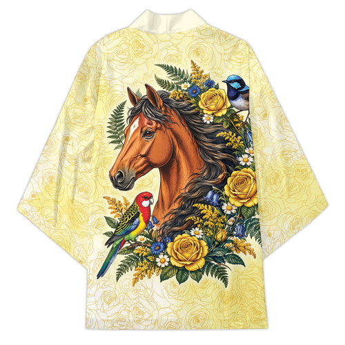 Melbourne Horse Yellow Rose Wreath Kimono Aussie Blue Wren and Rosella Parrot