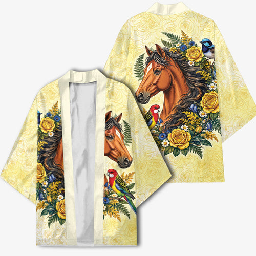 Melbourne Horse Yellow Rose Wreath Kimono Aussie Blue Wren and Rosella Parrot
