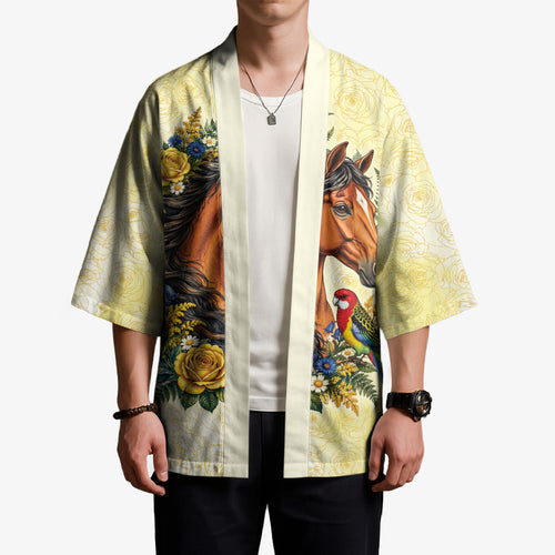 Melbourne Horse Yellow Rose Wreath Kimono Aussie Blue Wren and Rosella Parrot