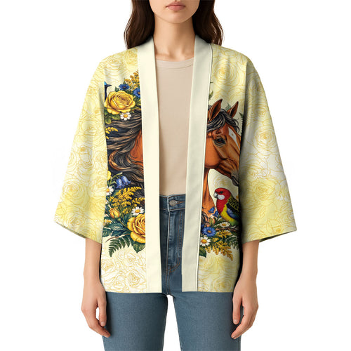 Melbourne Horse Yellow Rose Wreath Kimono Aussie Blue Wren and Rosella Parrot