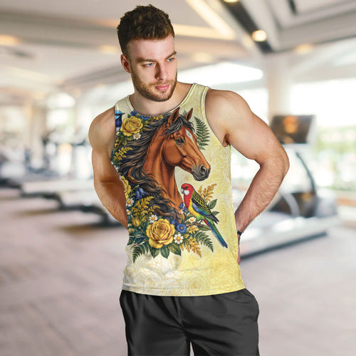 Melbourne Horse Yellow Rose Wreath Men Tank Top Aussie Blue Wren and Rosella Parrot
