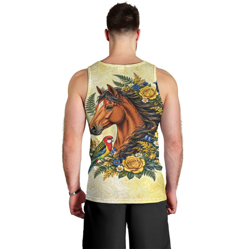 Melbourne Horse Yellow Rose Wreath Men Tank Top Aussie Blue Wren and Rosella Parrot