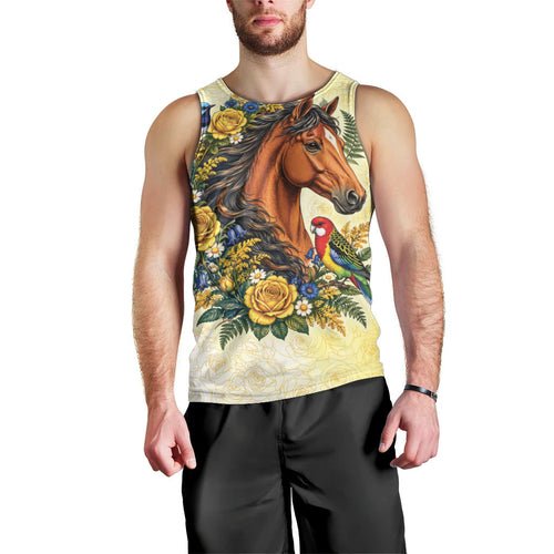 Melbourne Horse Yellow Rose Wreath Men Tank Top Aussie Blue Wren and Rosella Parrot