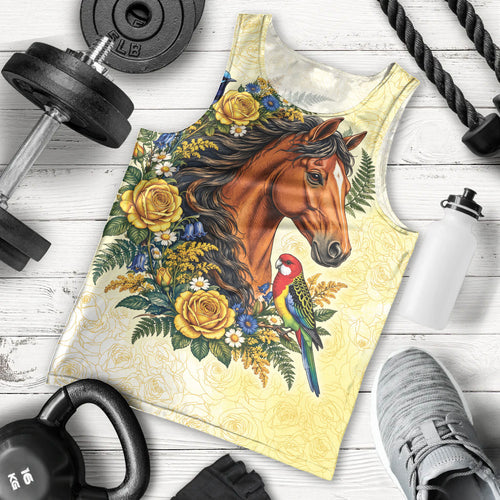 Melbourne Horse Yellow Rose Wreath Men Tank Top Aussie Blue Wren and Rosella Parrot