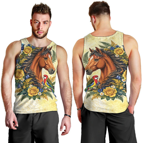 Melbourne Horse Yellow Rose Wreath Men Tank Top Aussie Blue Wren and Rosella Parrot