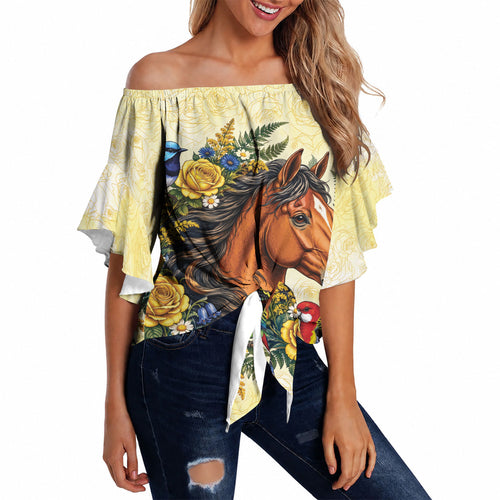Melbourne Horse Yellow Rose Wreath Off Shoulder Wrap Waist Top Aussie Blue Wren and Rosella Parrot