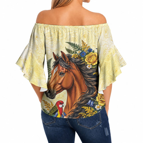 Melbourne Horse Yellow Rose Wreath Off Shoulder Wrap Waist Top Aussie Blue Wren and Rosella Parrot