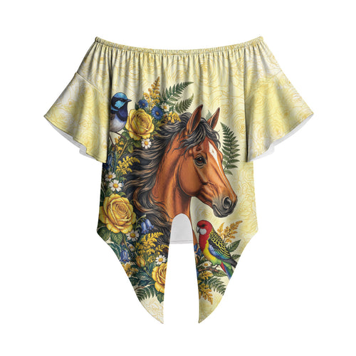 Melbourne Horse Yellow Rose Wreath Off Shoulder Wrap Waist Top Aussie Blue Wren and Rosella Parrot