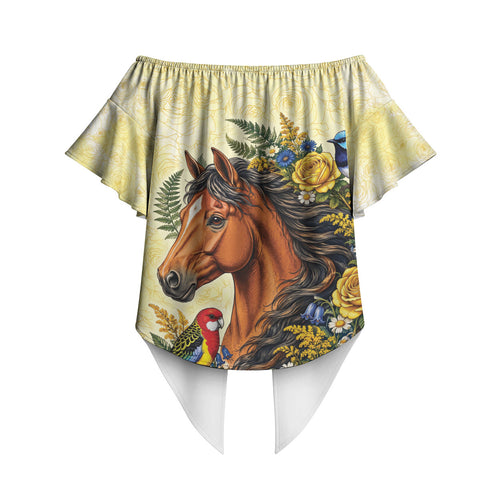 Melbourne Horse Yellow Rose Wreath Off Shoulder Wrap Waist Top Aussie Blue Wren and Rosella Parrot