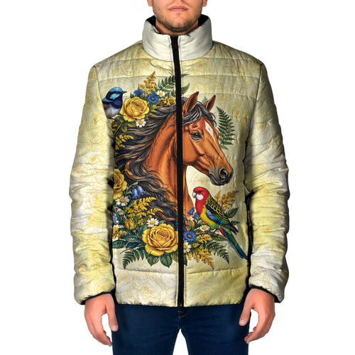 Melbourne Horse Yellow Rose Wreath Padded Jacket Aussie Blue Wren and Rosella Parrot