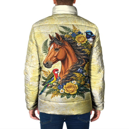 Melbourne Horse Yellow Rose Wreath Padded Jacket Aussie Blue Wren and Rosella Parrot