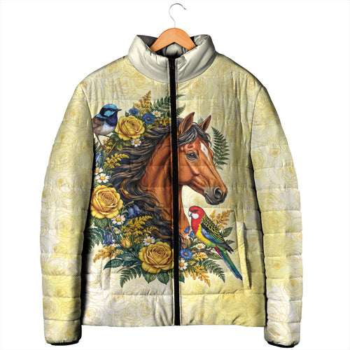 Melbourne Horse Yellow Rose Wreath Padded Jacket Aussie Blue Wren and Rosella Parrot