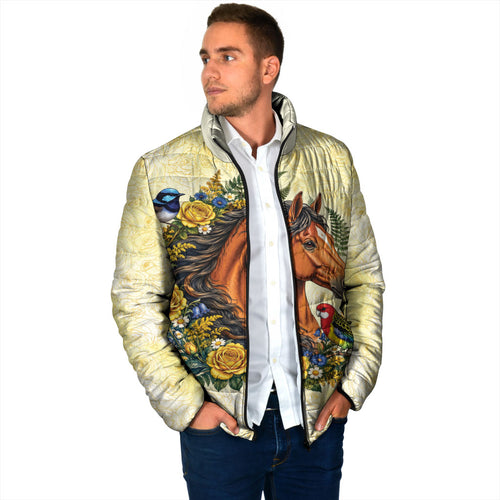 Melbourne Horse Yellow Rose Wreath Padded Jacket Aussie Blue Wren and Rosella Parrot