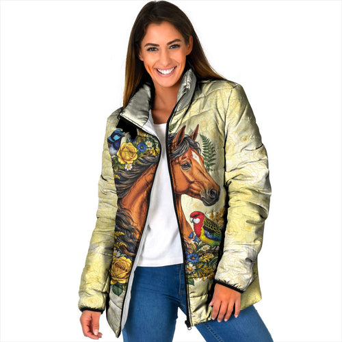 Melbourne Horse Yellow Rose Wreath Padded Jacket Aussie Blue Wren and Rosella Parrot