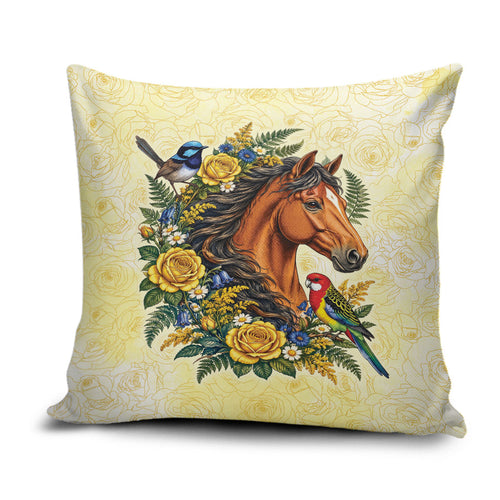 Melbourne Horse Yellow Rose Wreath Pillow Cover Aussie Blue Wren and Rosella Parrot
