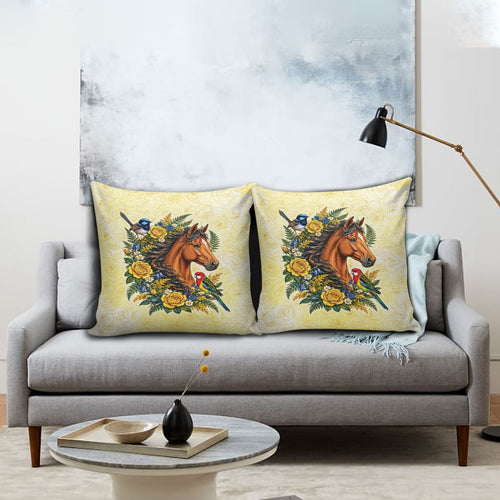 Melbourne Horse Yellow Rose Wreath Pillow Cover Aussie Blue Wren and Rosella Parrot