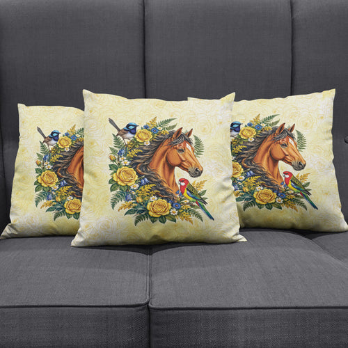 Melbourne Horse Yellow Rose Wreath Pillow Cover Aussie Blue Wren and Rosella Parrot