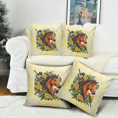 Melbourne Horse Yellow Rose Wreath Pillow Cover Aussie Blue Wren and Rosella Parrot