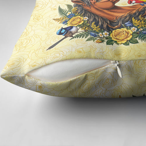 Melbourne Horse Yellow Rose Wreath Pillow Cover Aussie Blue Wren and Rosella Parrot