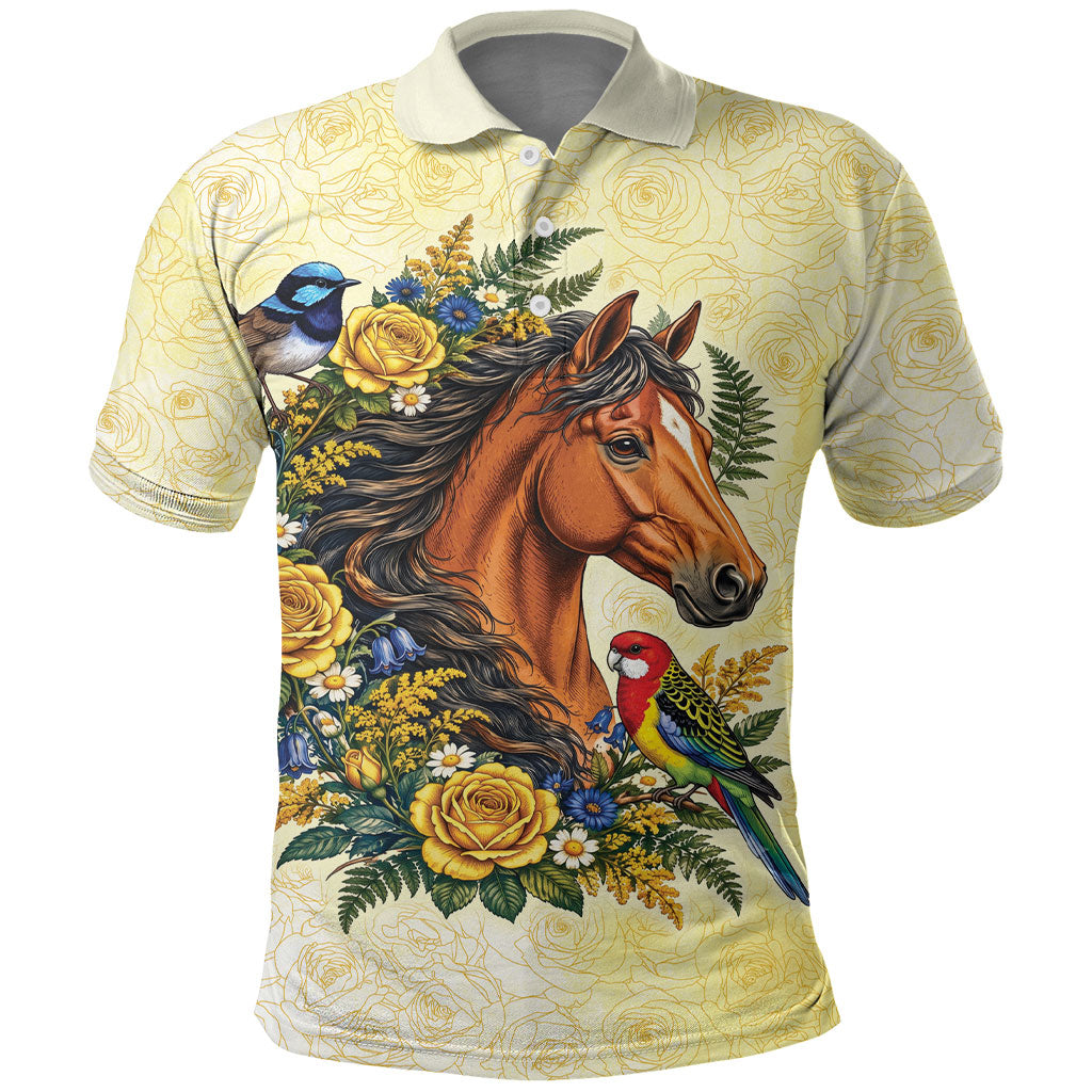 Melbourne Horse Yellow Rose Wreath Polo Shirt Aussie Blue Wren and Rosella Parrot