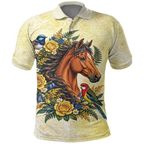 Melbourne Horse Yellow Rose Wreath Polo Shirt Aussie Blue Wren and Rosella Parrot
