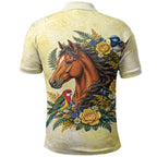 Melbourne Horse Yellow Rose Wreath Polo Shirt Aussie Blue Wren and Rosella Parrot