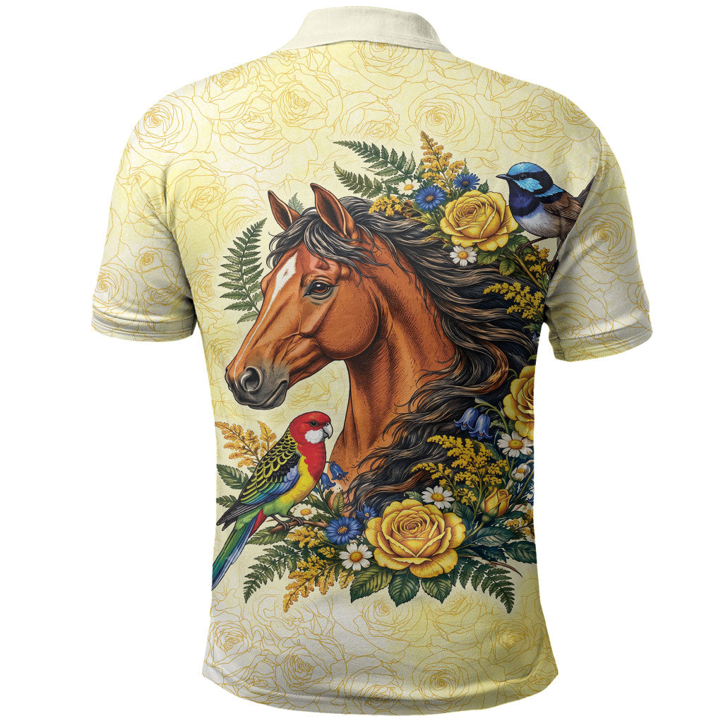 Melbourne Horse Yellow Rose Wreath Polo Shirt Aussie Blue Wren and Rosella Parrot