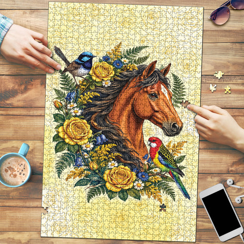 Melbourne Horse Yellow Rose Wreath Puzzle Aussie Blue Wren and Rosella Parrot
