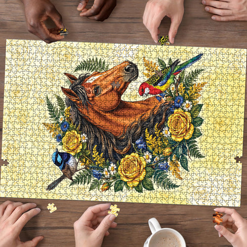 Melbourne Horse Yellow Rose Wreath Puzzle Aussie Blue Wren and Rosella Parrot