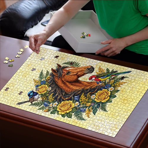 Melbourne Horse Yellow Rose Wreath Puzzle Aussie Blue Wren and Rosella Parrot