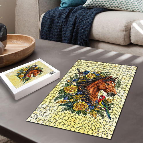 Melbourne Horse Yellow Rose Wreath Puzzle Aussie Blue Wren and Rosella Parrot