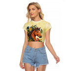 Melbourne Horse Yellow Rose Wreath Raglan Cropped T Shirt Aussie Blue Wren and Rosella Parrot