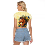 Melbourne Horse Yellow Rose Wreath Raglan Cropped T Shirt Aussie Blue Wren and Rosella Parrot