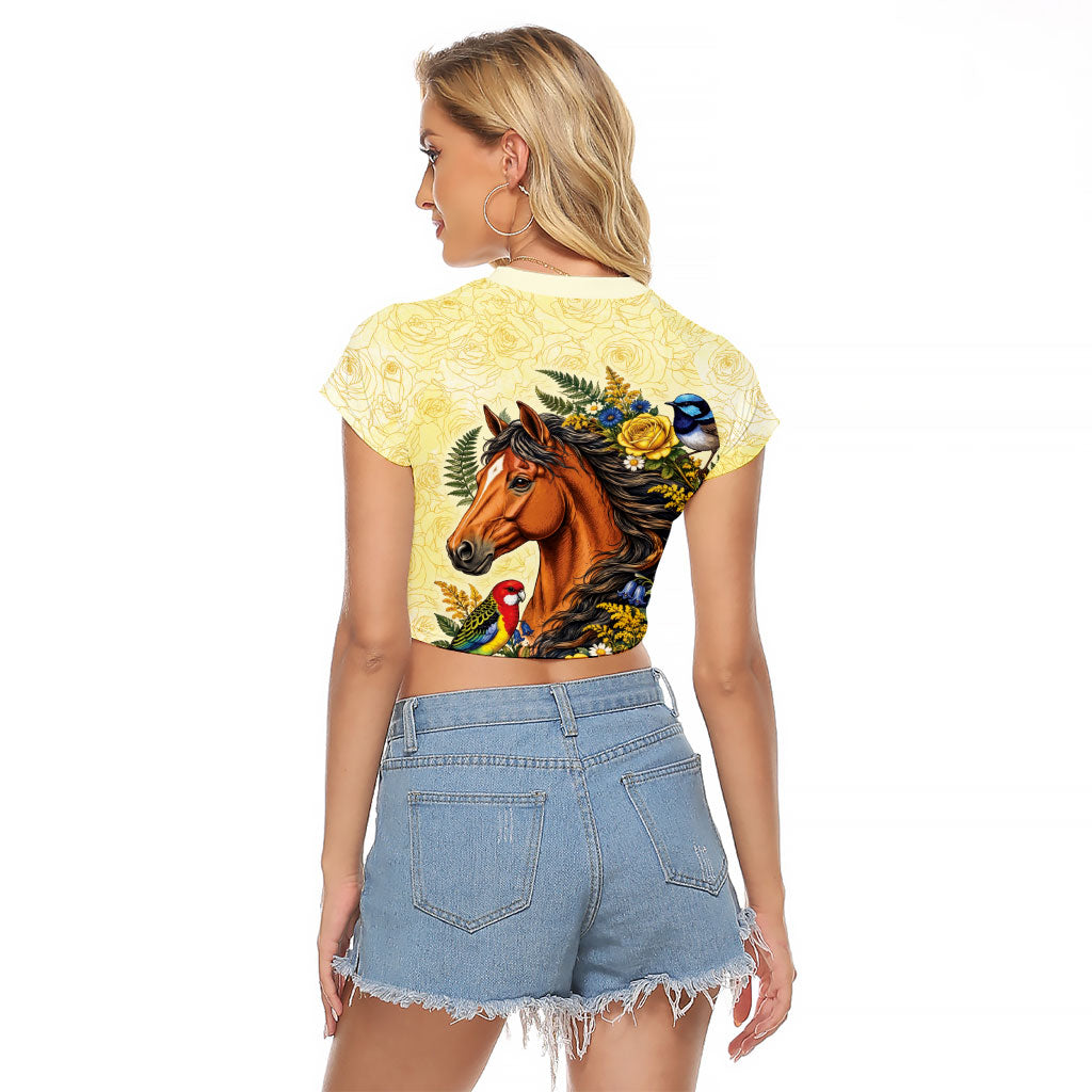 Melbourne Horse Yellow Rose Wreath Raglan Cropped T Shirt Aussie Blue Wren and Rosella Parrot