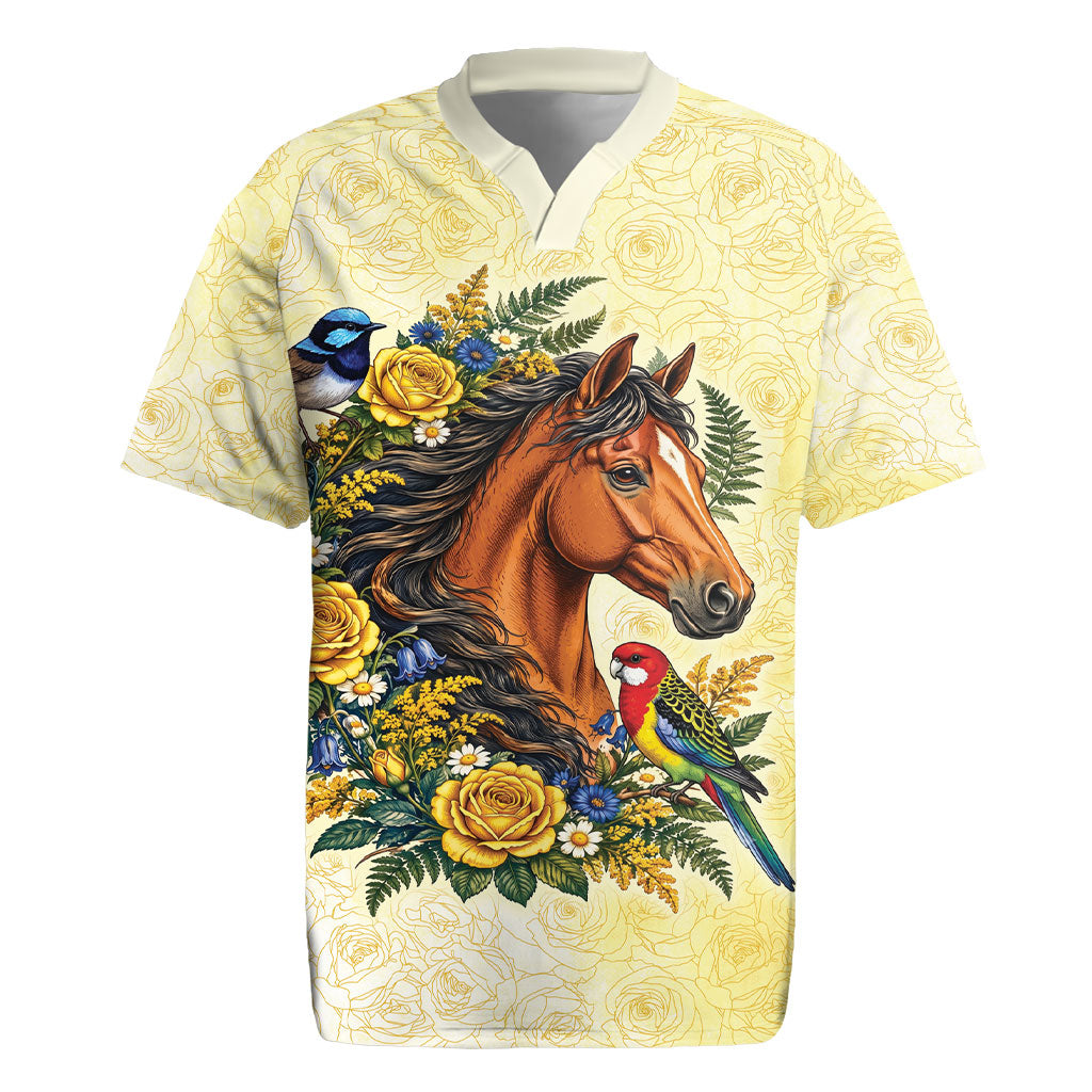 Melbourne Horse Yellow Rose Wreath Rugby Jersey Aussie Blue Wren and Rosella Parrot
