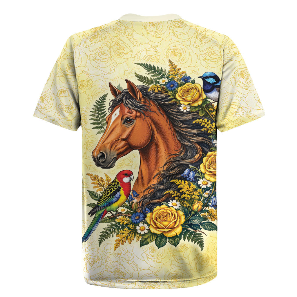 Melbourne Horse Yellow Rose Wreath Rugby Jersey Aussie Blue Wren and Rosella Parrot