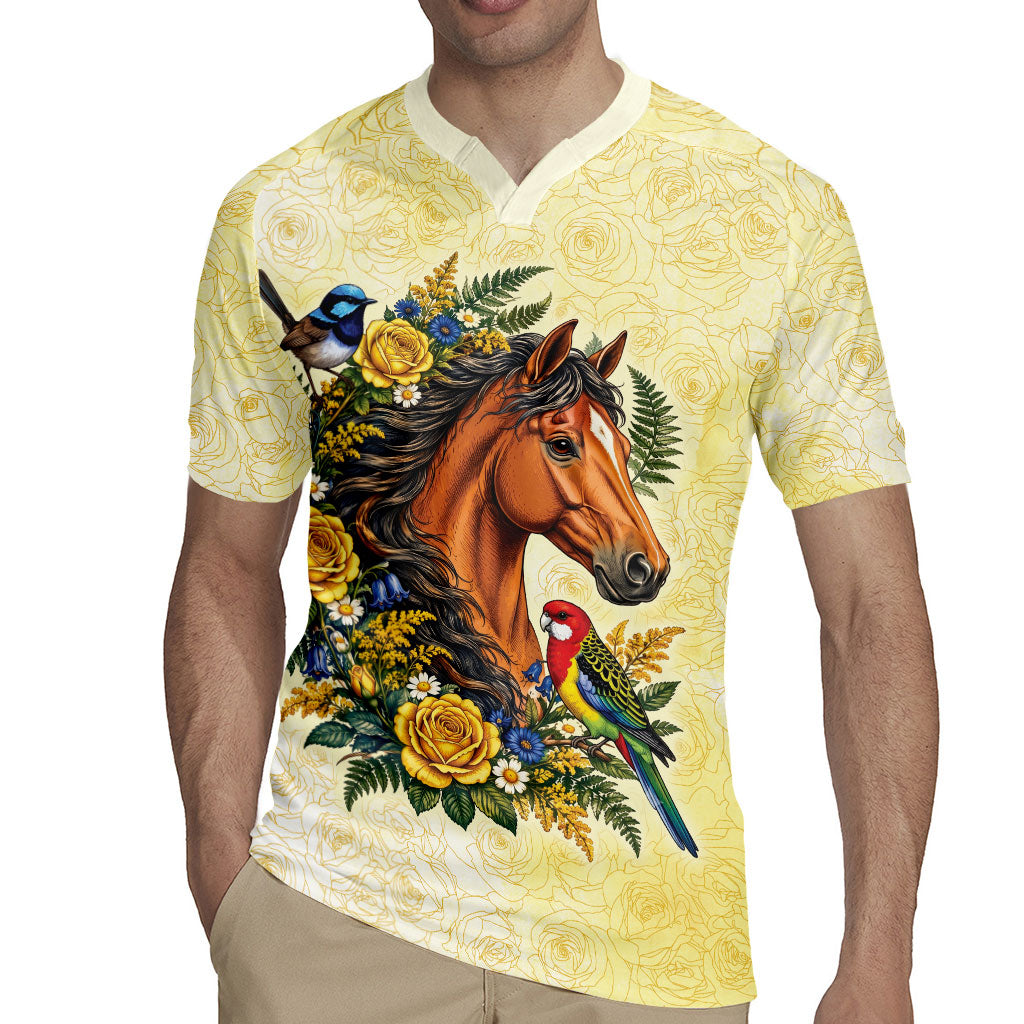 Melbourne Horse Yellow Rose Wreath Rugby Jersey Aussie Blue Wren and Rosella Parrot