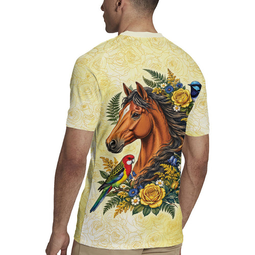 Melbourne Horse Yellow Rose Wreath Rugby Jersey Aussie Blue Wren and Rosella Parrot