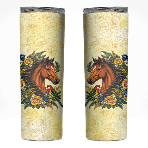 Melbourne Horse Yellow Rose Wreath Skinny Tumbler Aussie Blue Wren and Rosella Parrot