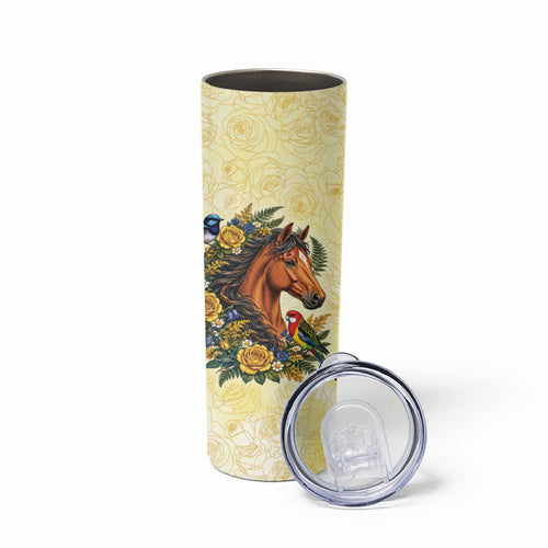 Melbourne Horse Yellow Rose Wreath Skinny Tumbler Aussie Blue Wren and Rosella Parrot