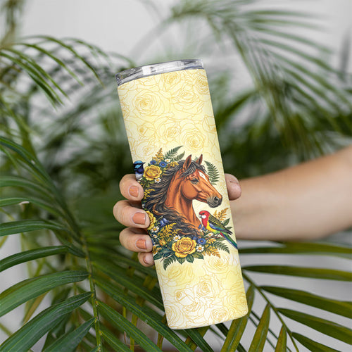Melbourne Horse Yellow Rose Wreath Skinny Tumbler Aussie Blue Wren and Rosella Parrot