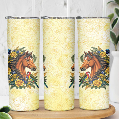 Melbourne Horse Yellow Rose Wreath Skinny Tumbler Aussie Blue Wren and Rosella Parrot