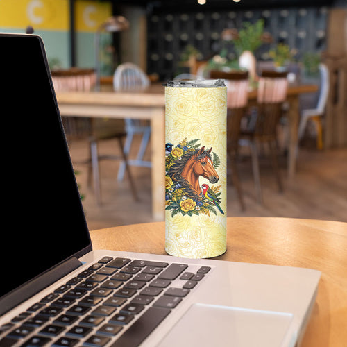Melbourne Horse Yellow Rose Wreath Skinny Tumbler Aussie Blue Wren and Rosella Parrot