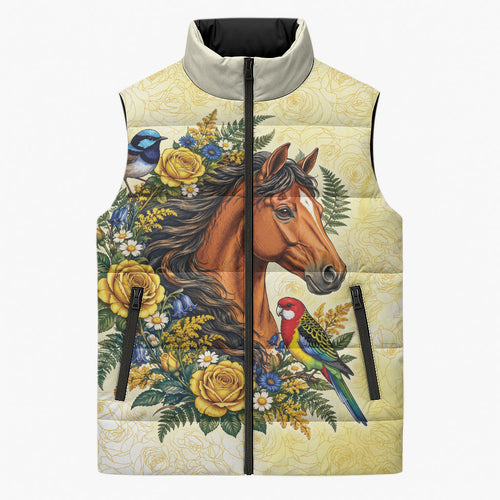 Melbourne Horse Yellow Rose Wreath Sleeveless Puffer Jacket Aussie Blue Wren and Rosella Parrot